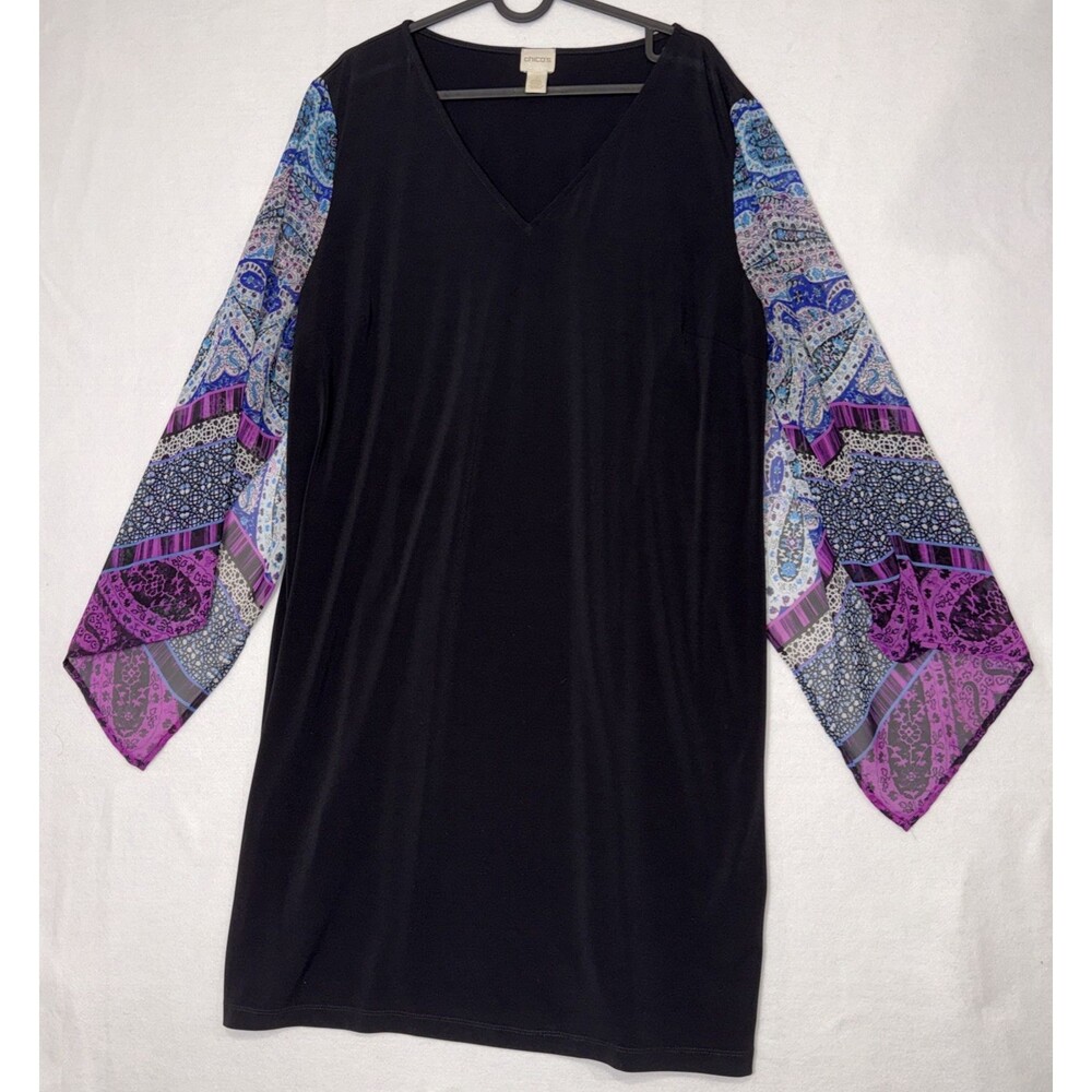CHICO'S Shift Dress Sz 16 Solid V-neck Black w/Paisley Flowy Sheer Sleeves Boho